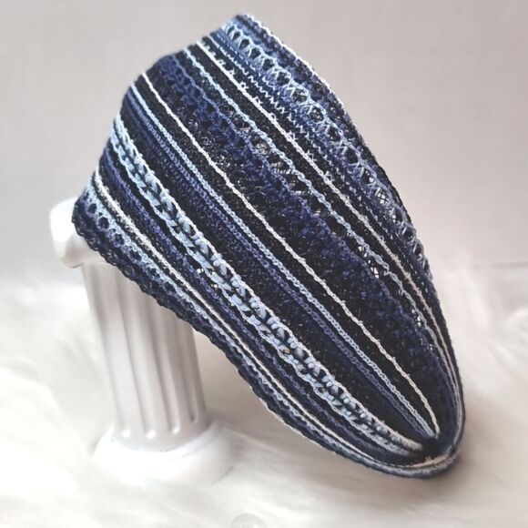BOHO KNIT CROCHET WIDE BRIM FALL COLORS HEADBAND Black blue white - Picture 1 of 7